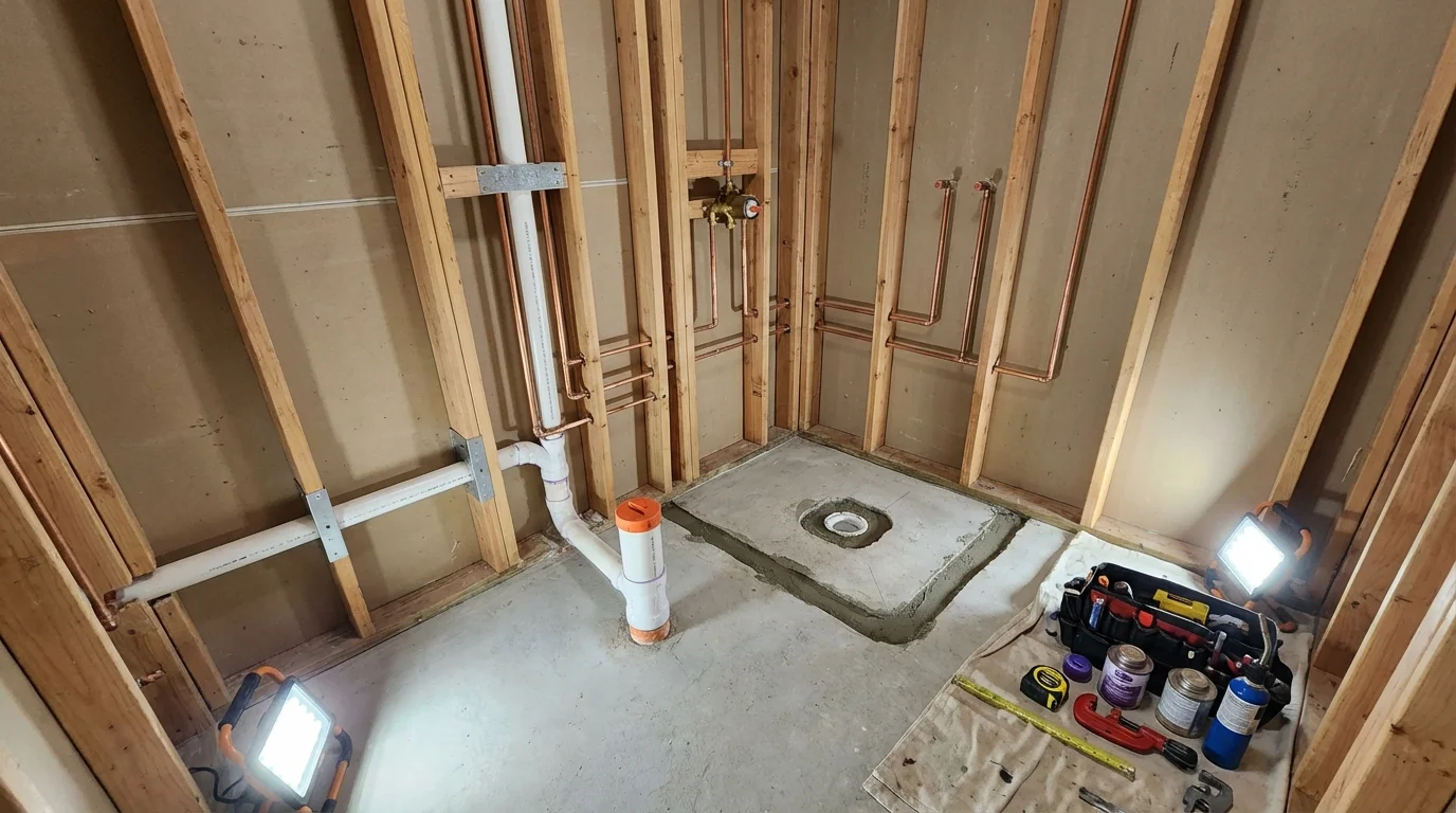 Bathroom rough-in plumbing during remodel by Johns Plumbing LLC in Selden