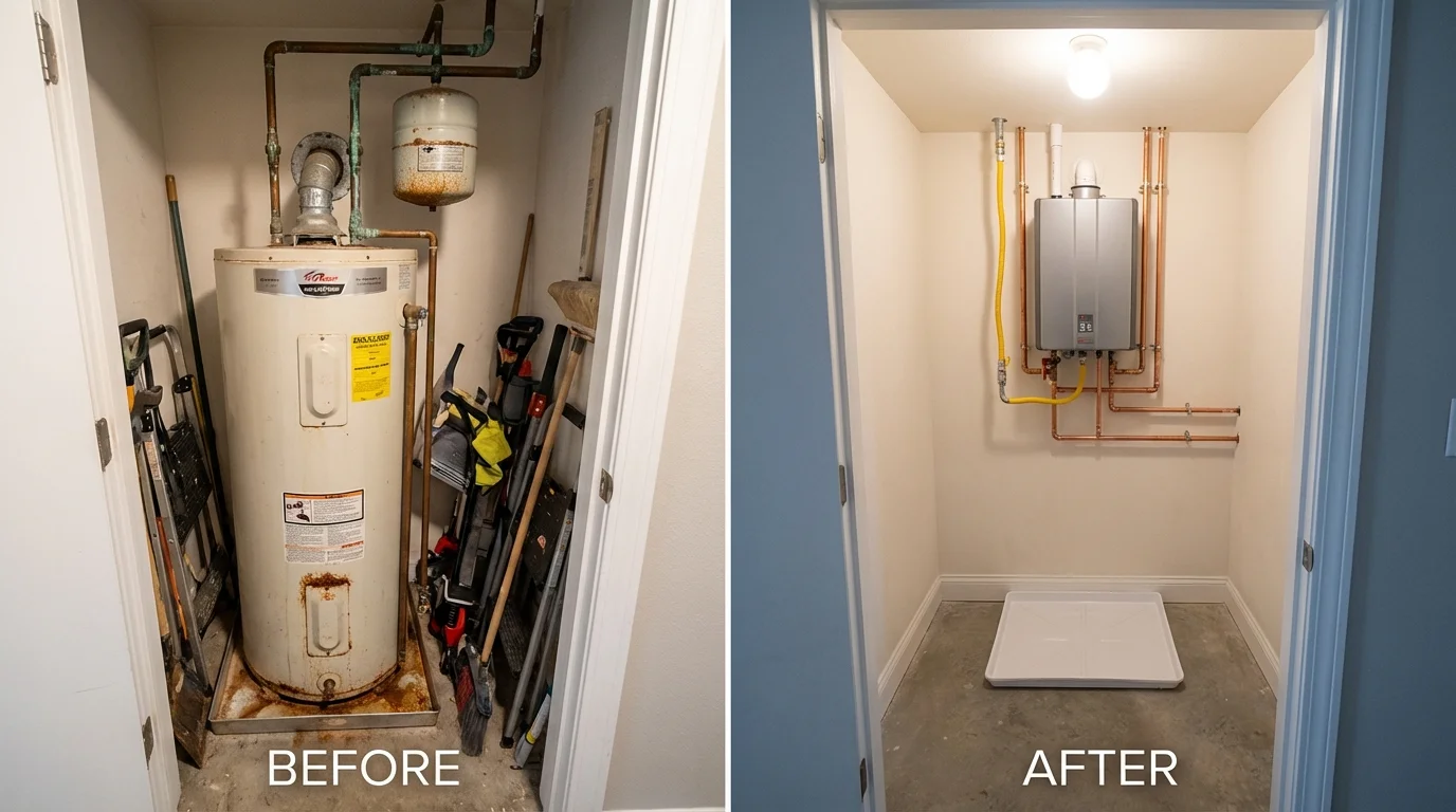 Tank water heater versus wall-mounted tankless unit comparison for Selden, NY homeowners