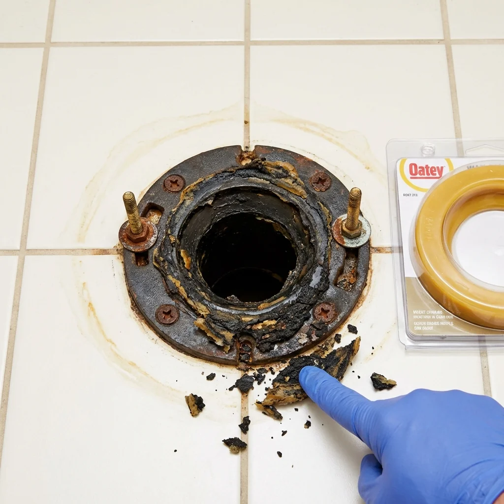 Failed wax ring showing water seepage at the base of a toilet in a Selden, NY home