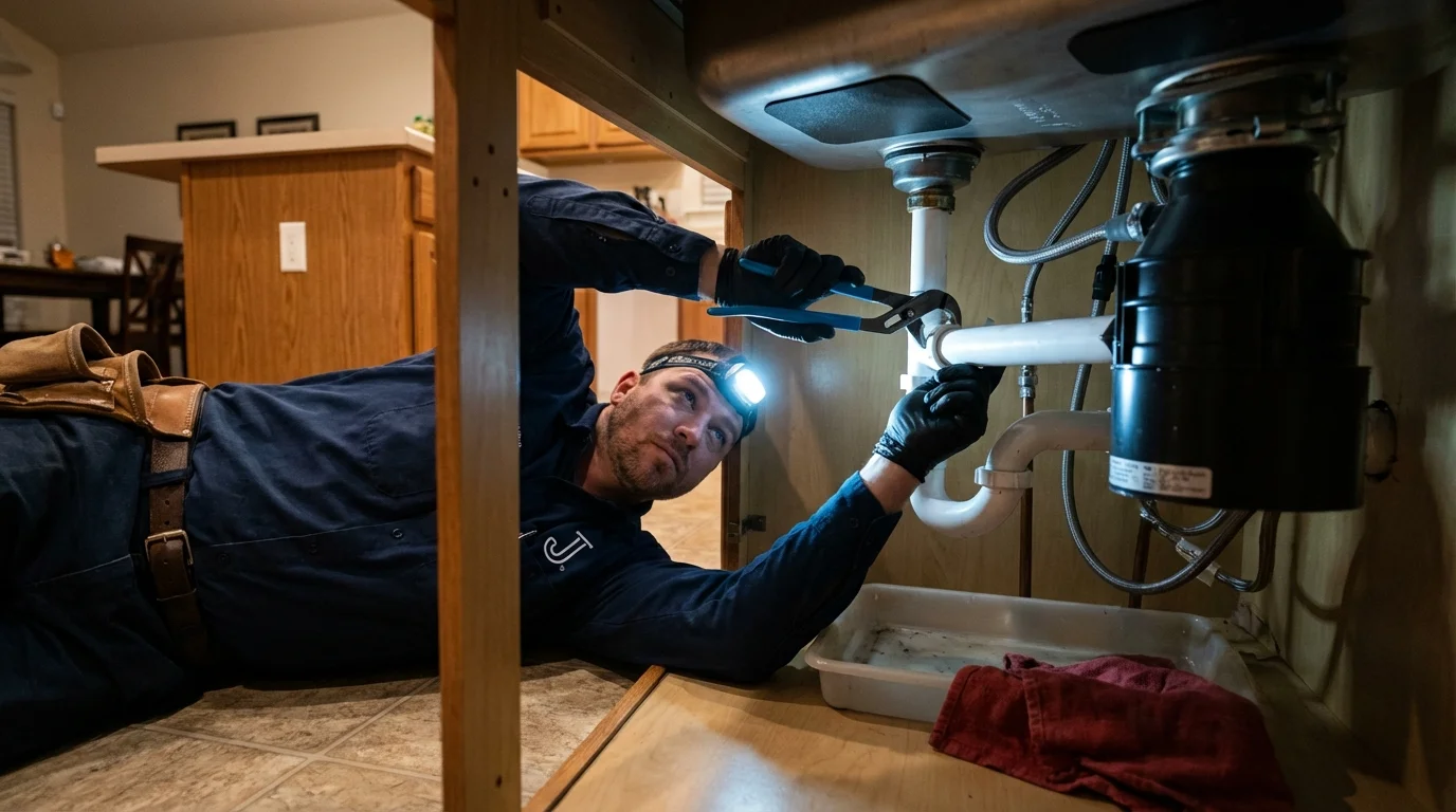 P-trap and supply line connections under a kitchen sink showing a common leak point in Selden, NY